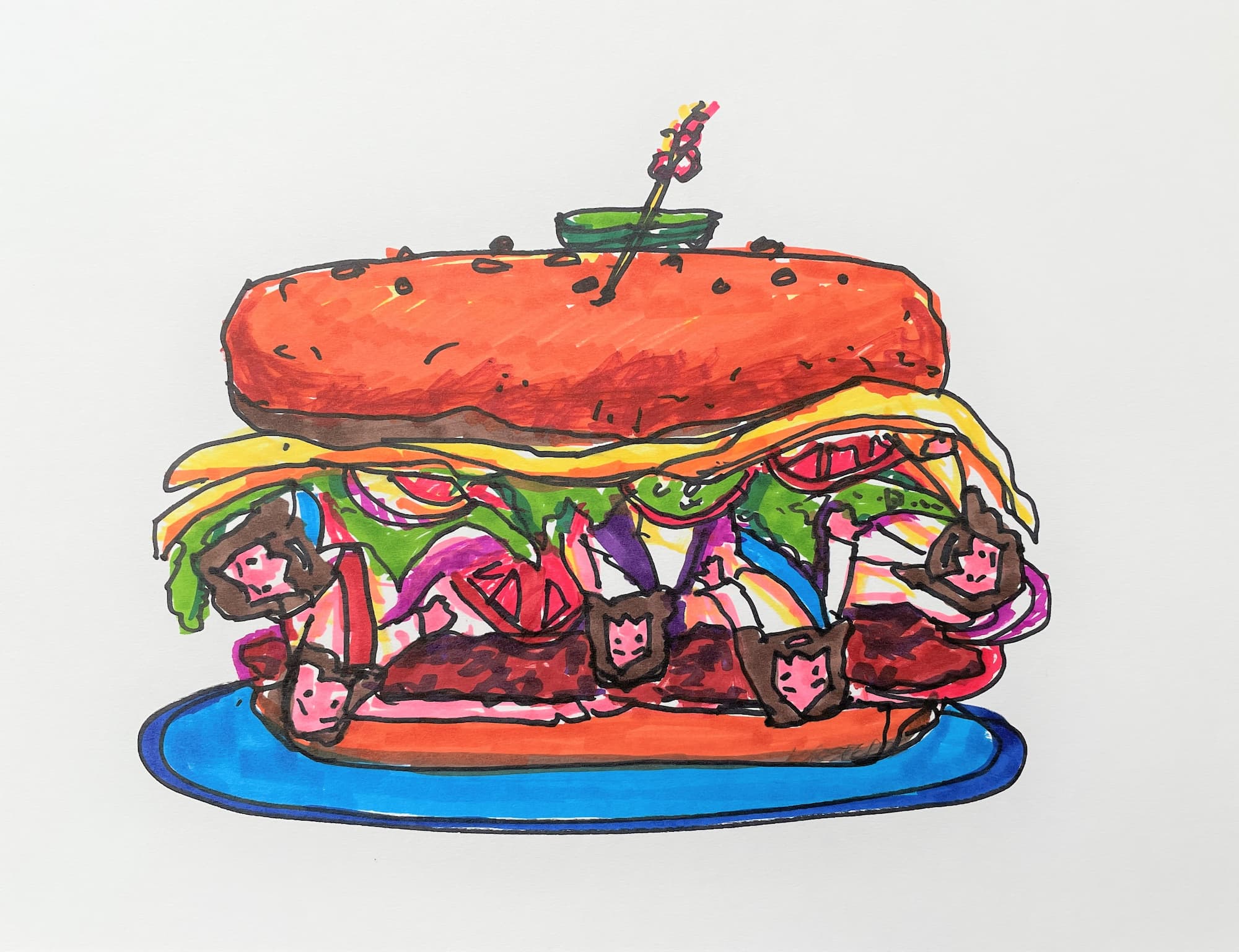 Jesus Burger for David G., markers on paper by Lynn Charles Foster