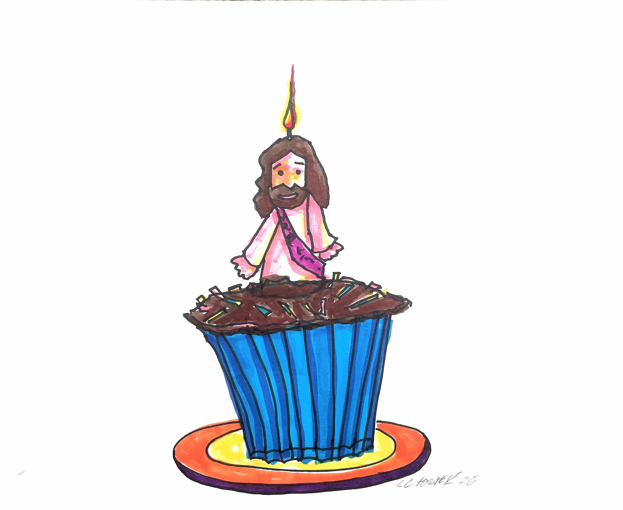 Cupcake Jesus with Sprinkles, markers on paper by Lynn Charles Foster
