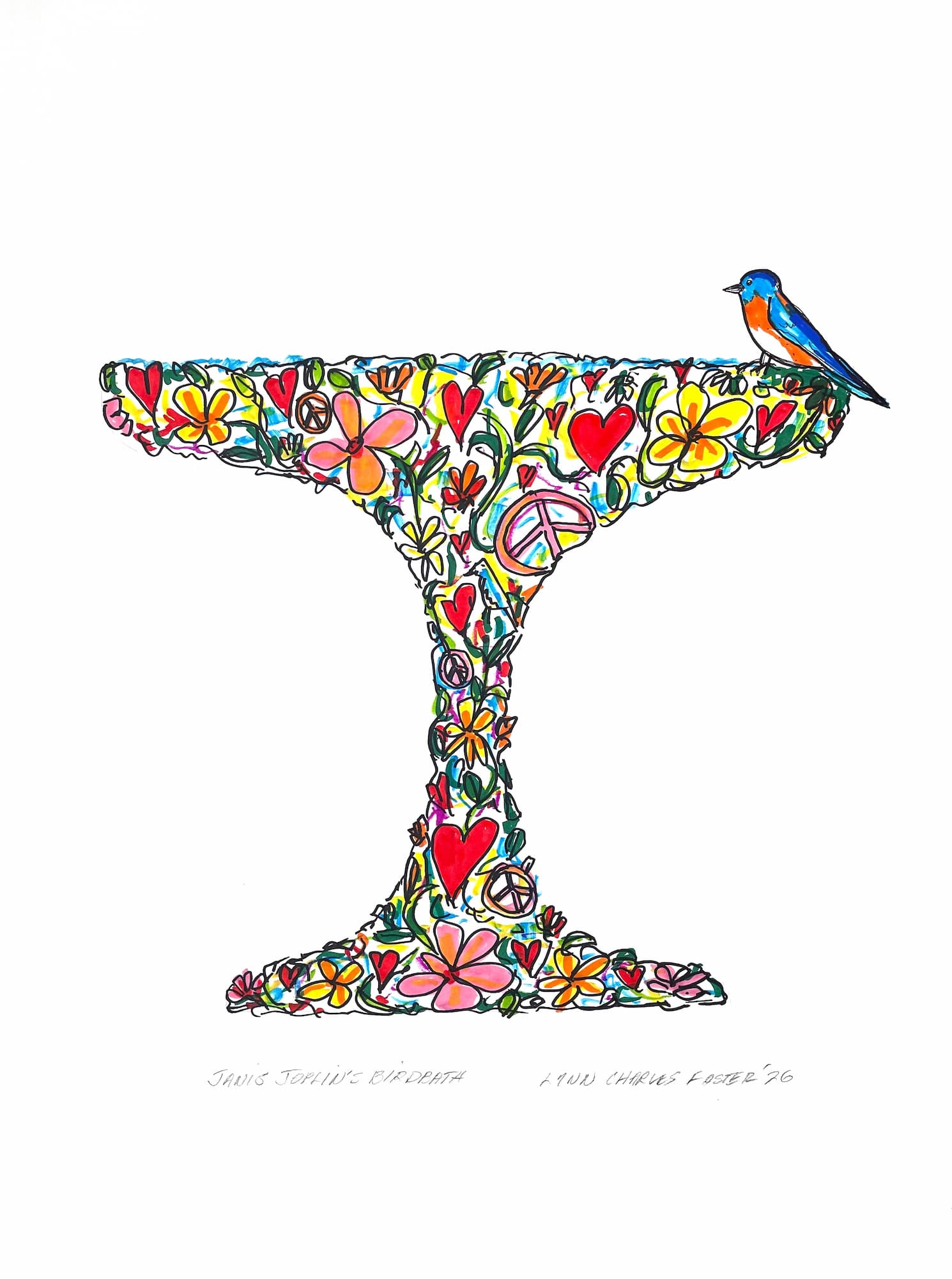 Janis Joplin's Birdbath, markers on paper by Lynn Charles Foster
