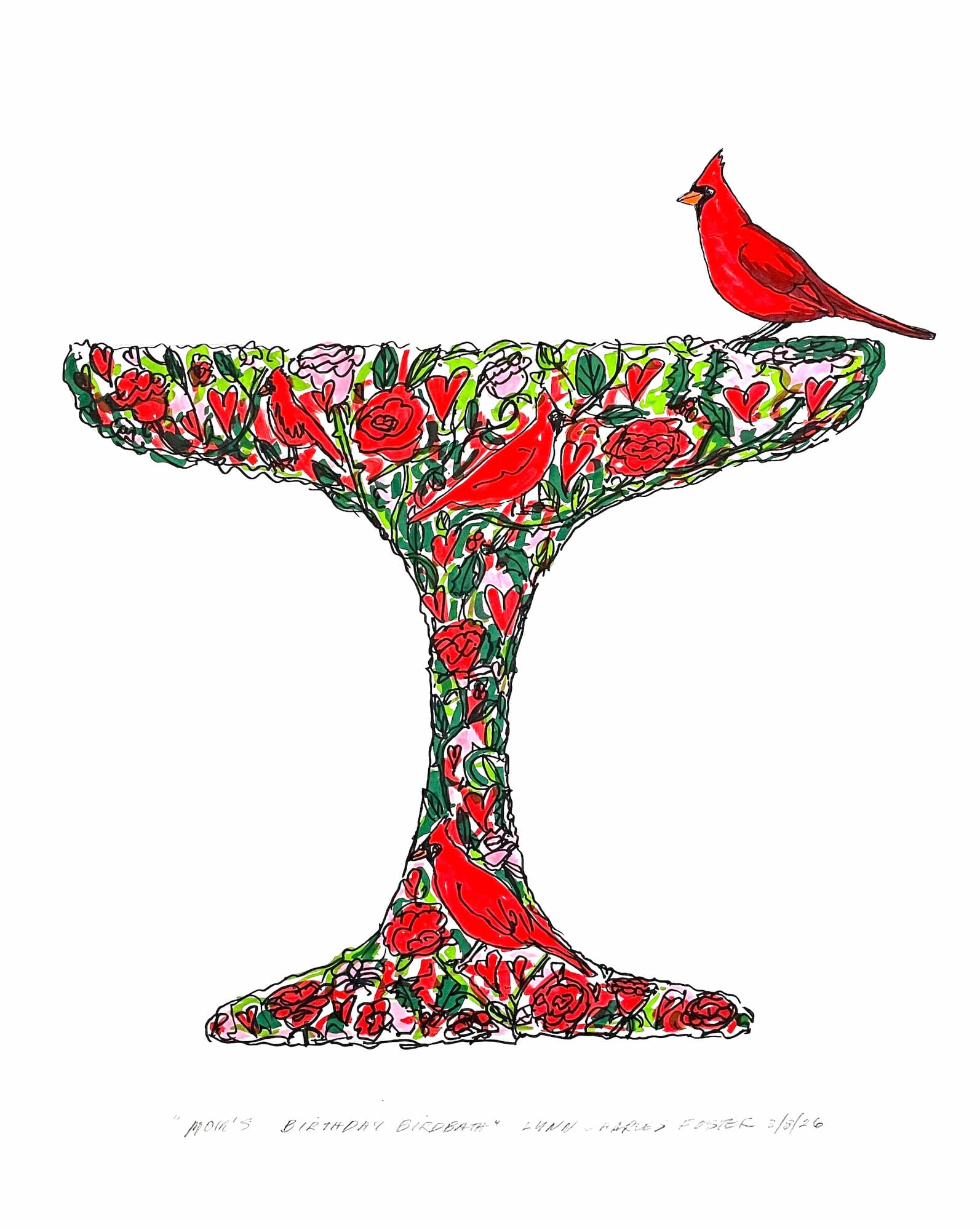 Mom's Birthday Birdbath, markers on paper by Lynn Charles Foster
