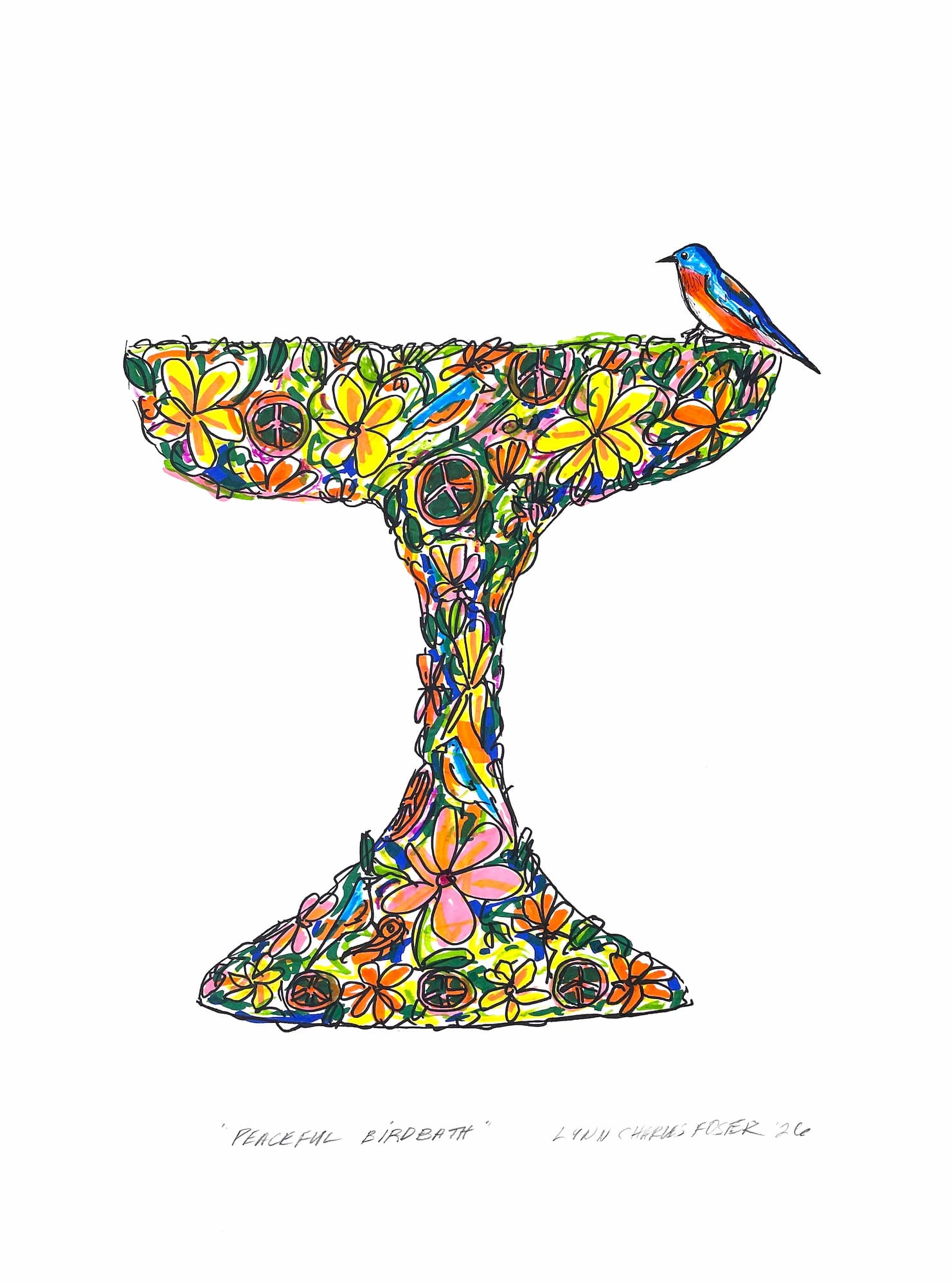 Peaceful Birdbath, markers on paper by Lynn Charles Foster