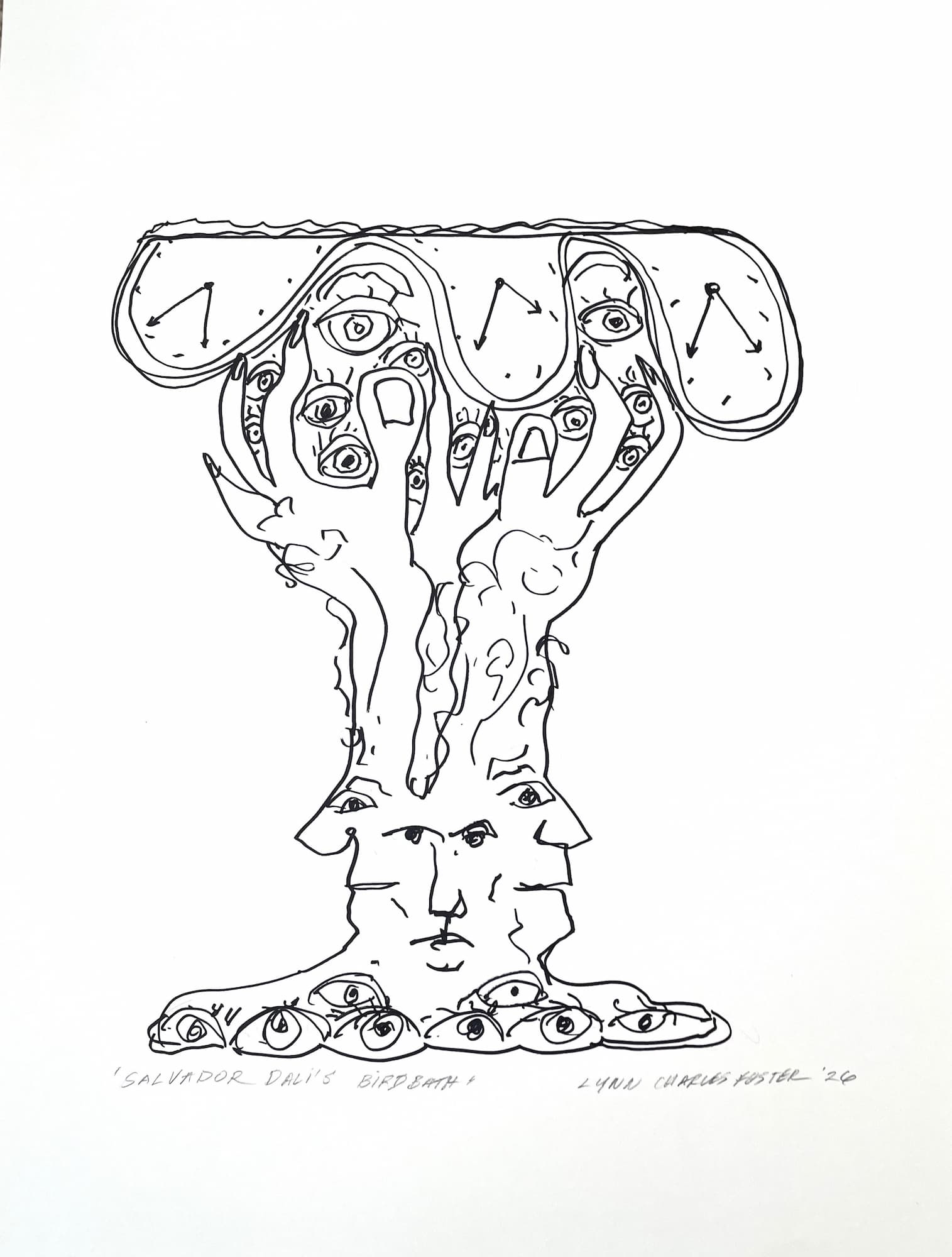 Salvador Dali Birdbath, markers on paper by Lynn Charles Foster